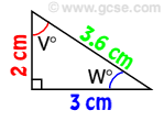 angle V and W and three sides: 2, 3 and 3.6 cm